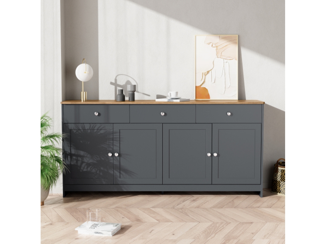 Aparador de madeira com 4 portas e 3 gavetas, acabamento em cinza e marrom, ideal para sala de estar e quarto.