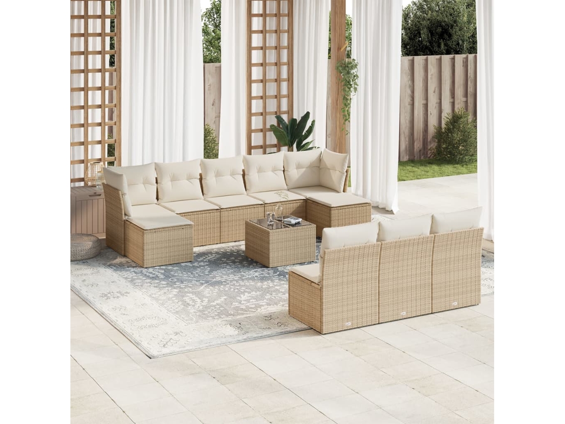 Vidaxl 11 Pcs Conjunto Sofás De Jardim C/ Almofadões Vime Pe Bege
