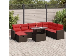 Vidaxl 9 Pcs Conjunto Sofás P/ Jardim Almofadões Vime Pe/acácia Castanho