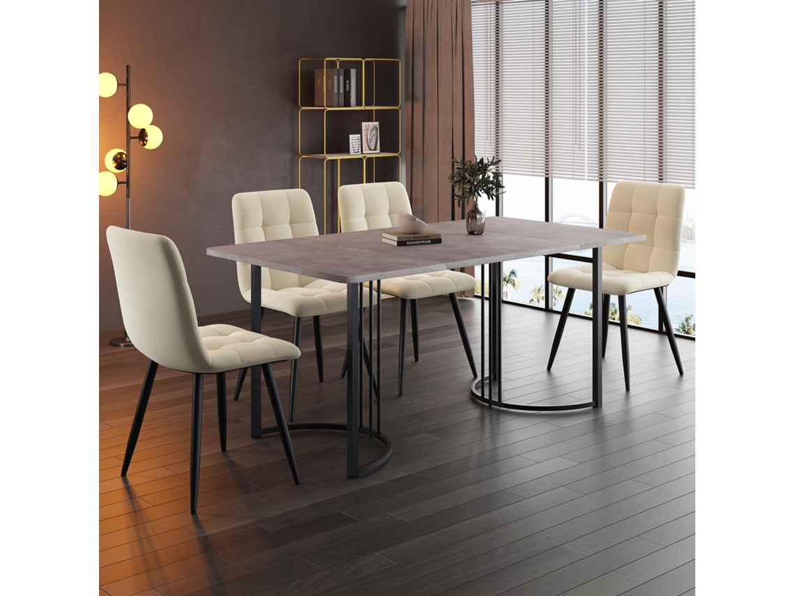 Conjunto Jantar 5p, Mesa 140x80cm Cinza + 4 Cadeiras Veludo Bege.-qq