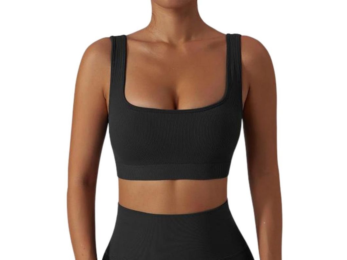 Top Ribbed Simples com Sutiã Esportivo Crop Tank para Mulheres Moda Casual e Ativa Preto