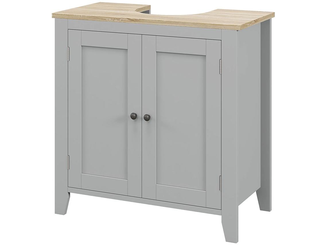 Móvel Para Lavatório Pousar Com 2 Portas E Prateleira Ajustável Estilo Moderno 60x30x60 Cm Cinza E Madeira