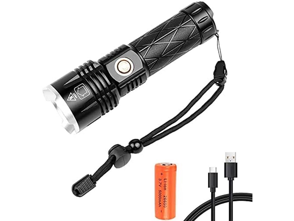 Lanterna Led Recarregável Usb, 30000 Lúmens, 5 Modos, Zoom, Resistente À Água, Banco de Energia