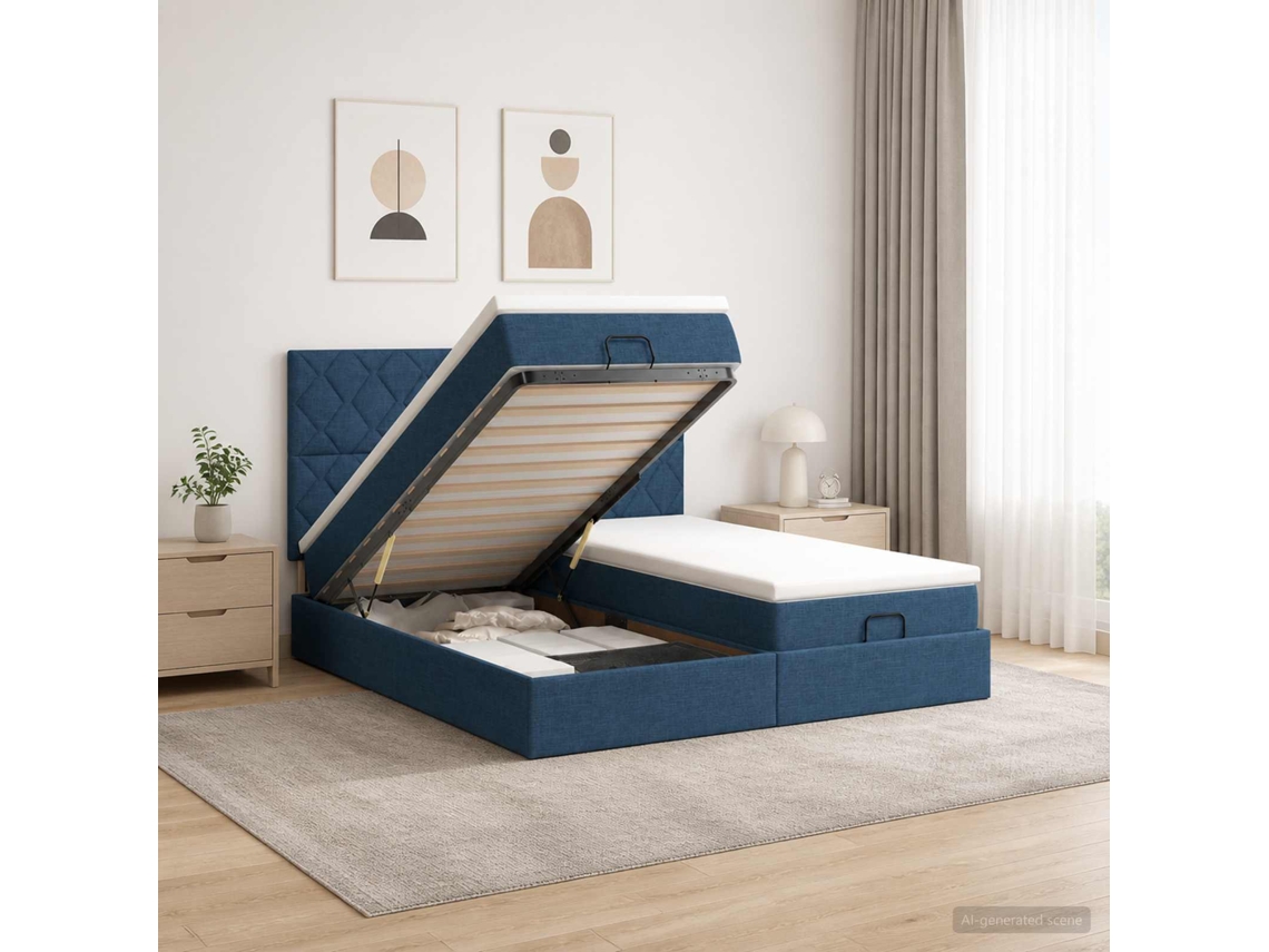 Vidaxl Cama Ottoman Com Colchão Com Cabeceira 2 Unid. Azul Tecido