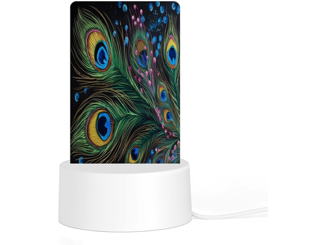 Luminária Noturna Led Acrílica Plug And Play Com Base De Plástico, Estampa De Penas Pavão, Luz Noturna Uniformemente