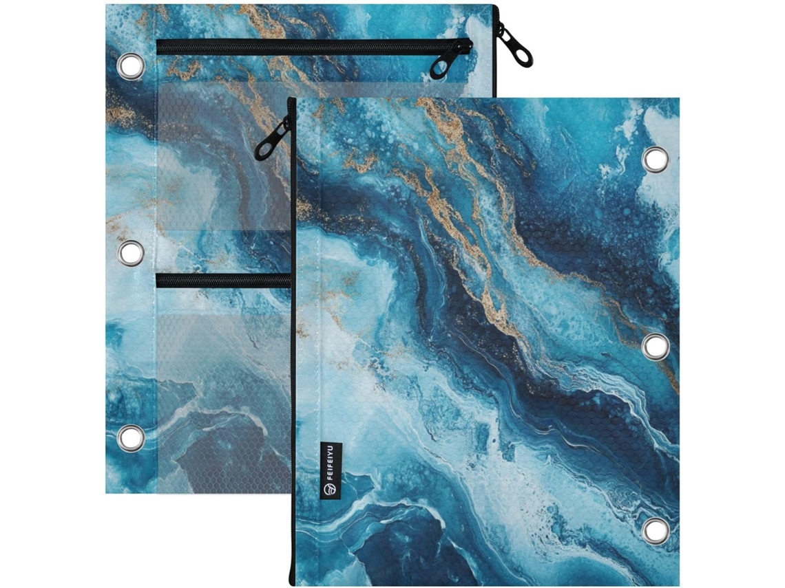 Pasta Transparente Com Janela E 3 Argolas, Textura De Mármore Azul E Dourado
