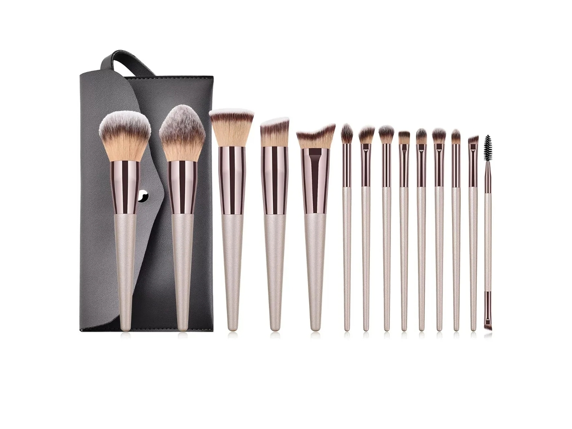 Conjunto de 14 Pincéis de Maquiagem Femininos na Cor Champanhe com Estojo Preto. MDUG