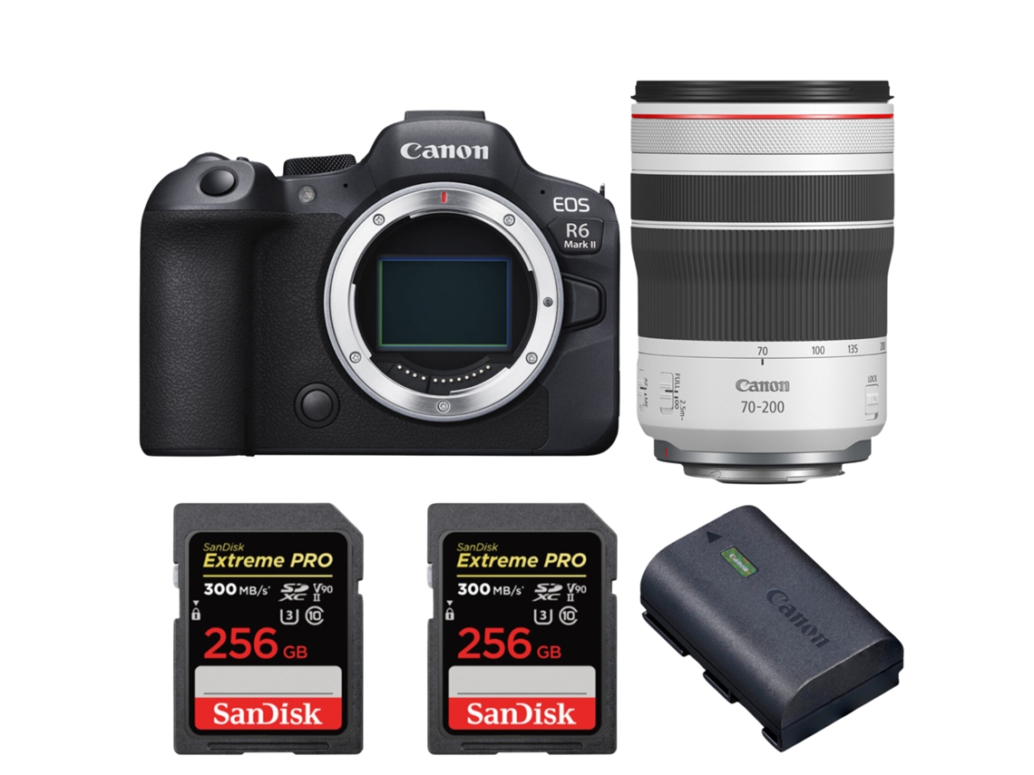 Eos R6 Mark Ii + Rf 70 200mm F/4 L Is Usm + 2 Sandisk 256gb Uhs ii 300mb/s + 1 Canon Lp e6nh + Ebook “20 Dicas para Fotos Que Impressionam” CANON