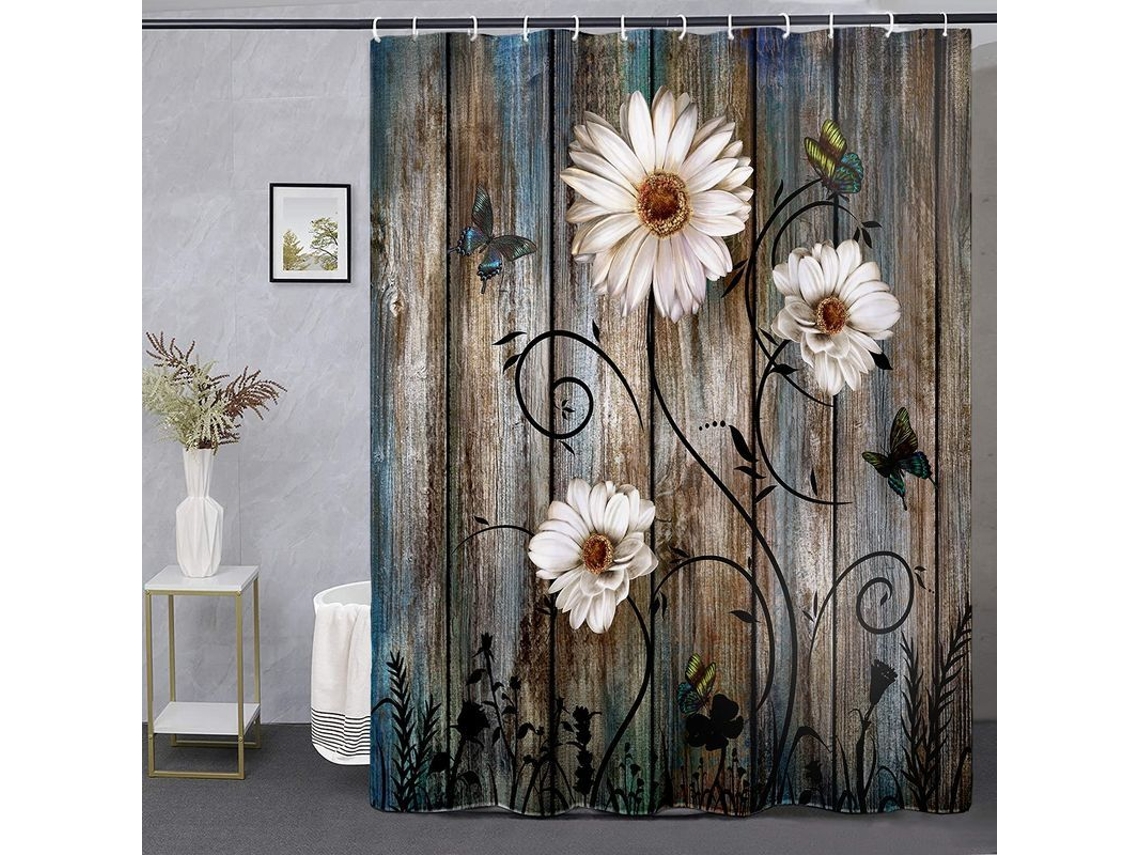 2026 set de Cortina de Ducha Linjou, Estilo Campestre Americano, Floral Gris, 180x180, Impermeável, Lavável a Máquina