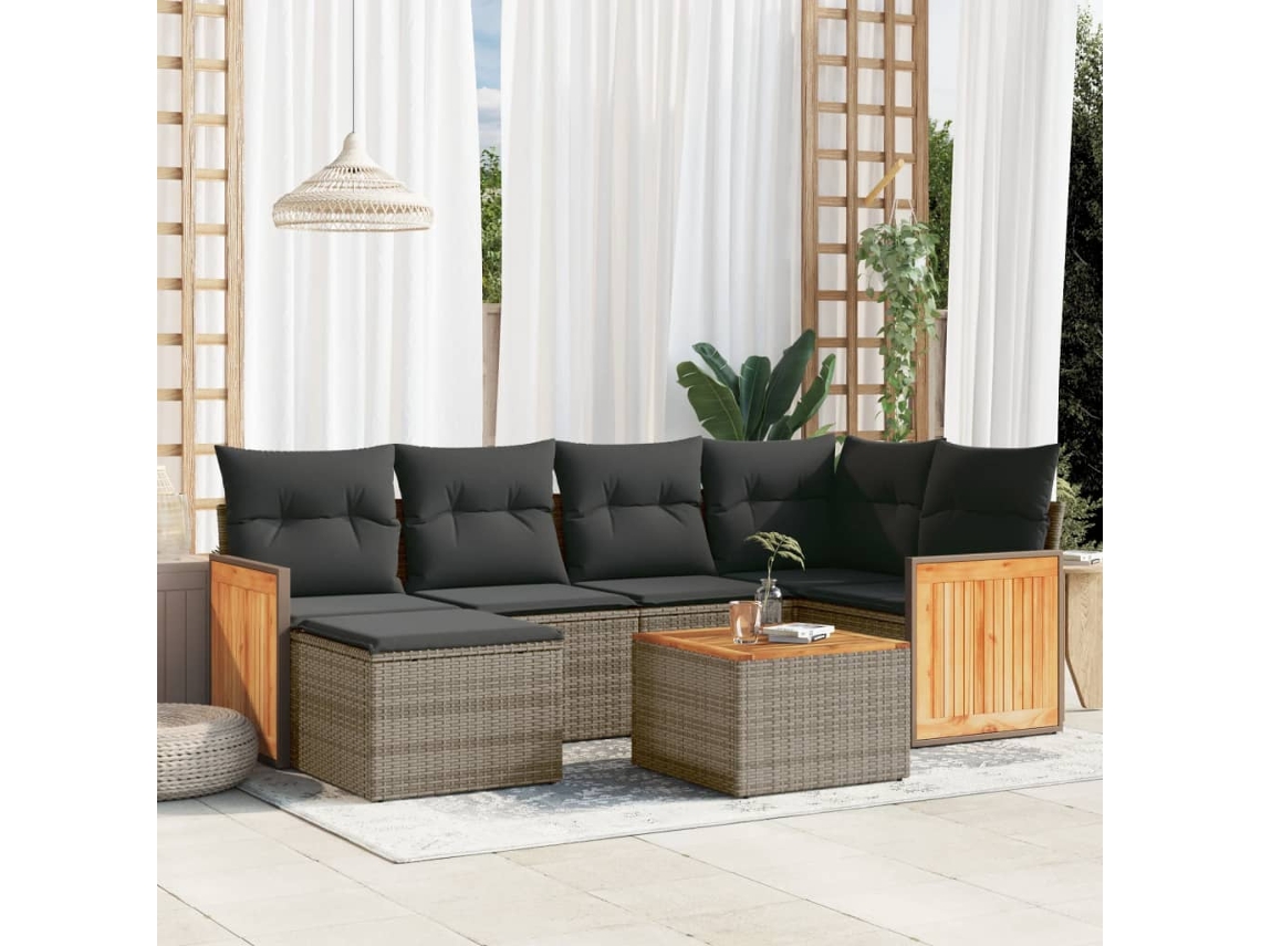 Vidaxl 7 Pcs Conjunto Sofás P/ Jardim C/ Almofadões Vime Pe Cinzento