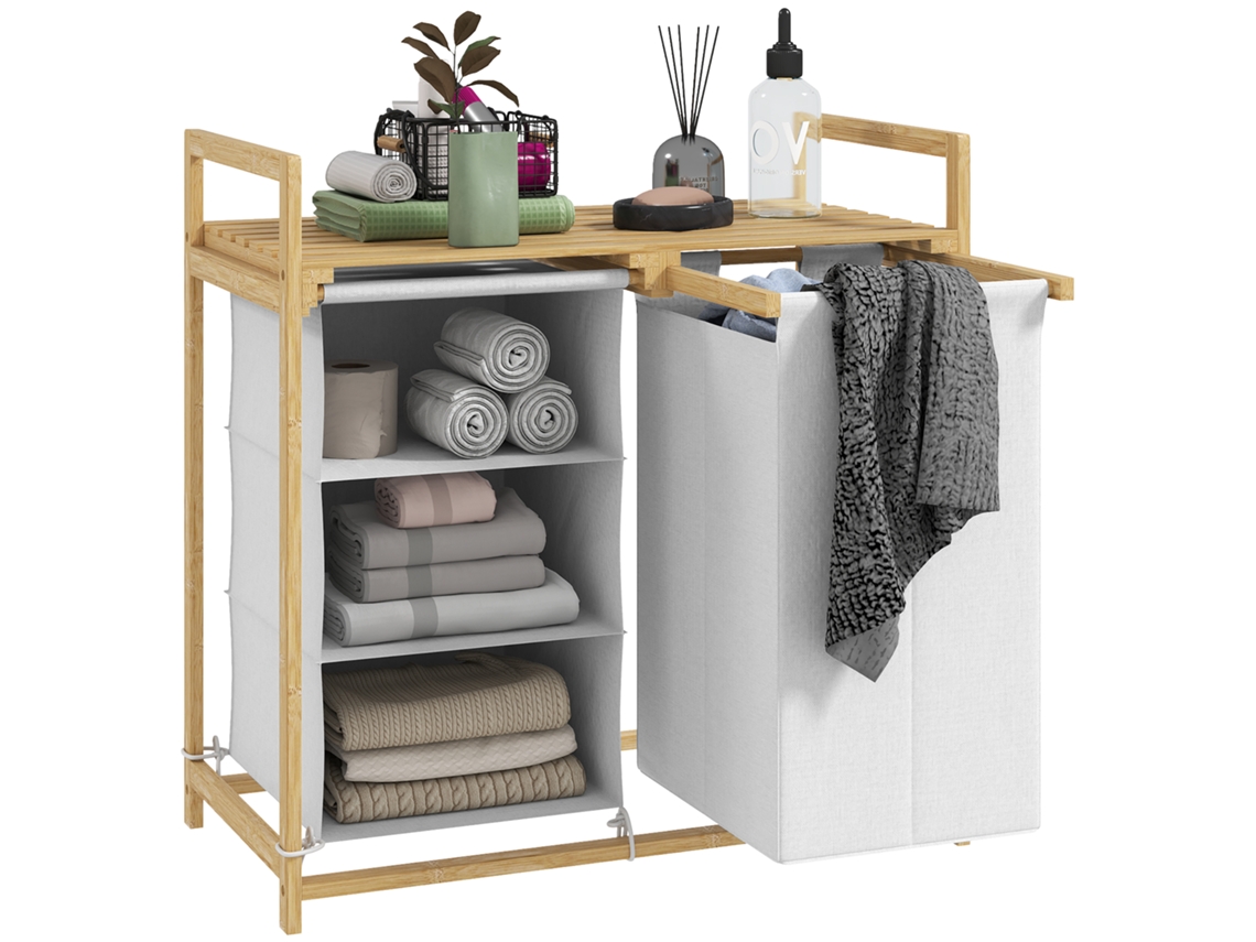 Cesto Portabiancheria com 2 Sacos Extraíveis,alças e Prateleira em Bambu,70x36x70 Cm,branco BTFORUS