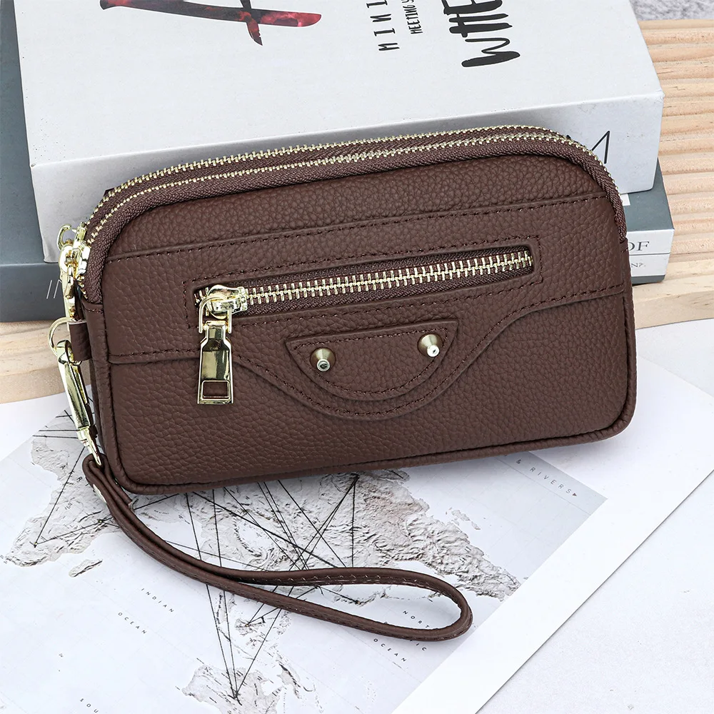 Bolsa De Mão Feminina Em Couro Genuíno Cinza Escuro Com Alça Transversal E Porta-moedas.