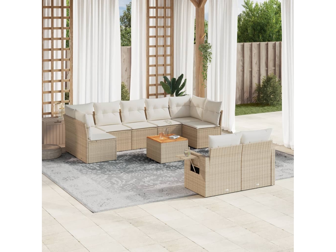 Vidaxl 10 Pcs Conjunto De Sofás P/ Jardim Com Almofadões Vime Pe Bege