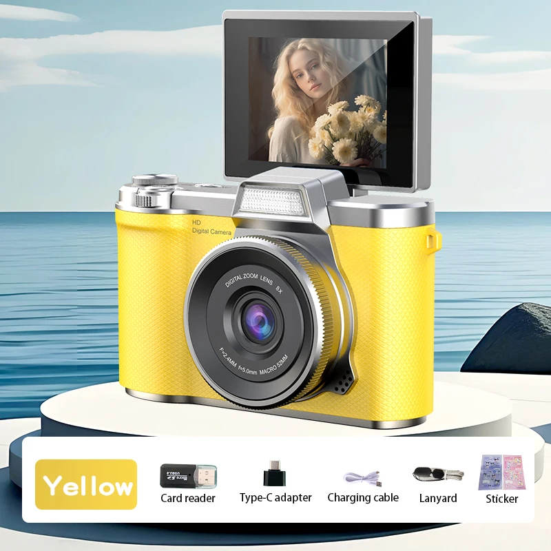 Câmera Digital 4k com Resolução de 48 Mp, Tela Giratória Recarregável de 180°. MDUG (a Versão Amarela Vem com um Cartão Tf de 64 Gb)