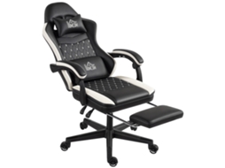 Cadeira Gamer Preto+branco, Apoio Pé/cabeça, Couro Sintético, Giratória E Ajustável