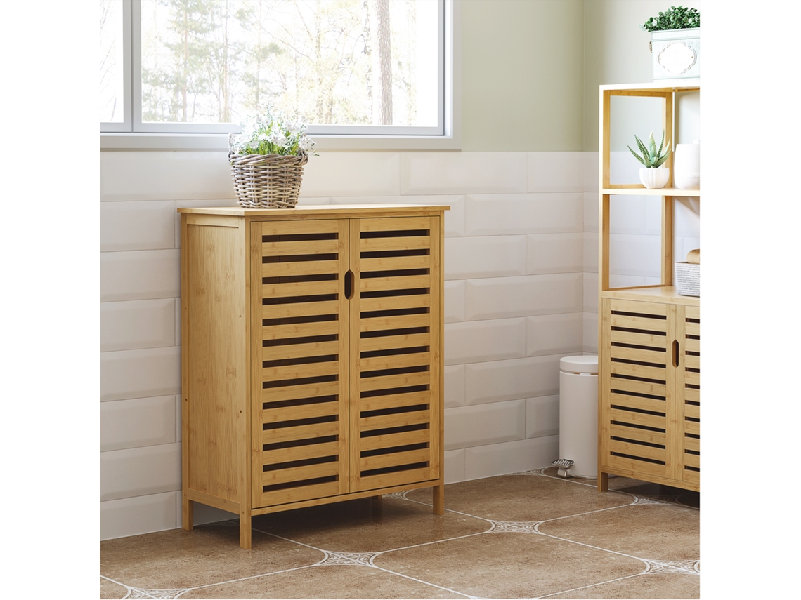 Armário De Banho Com 2 Portas De Vime E 2 Prateleiras Internas, Em Bambu 68 X 32 X 86 Cm, Cor Natural, Ideal Para Banheiro Ou Sala Quenty