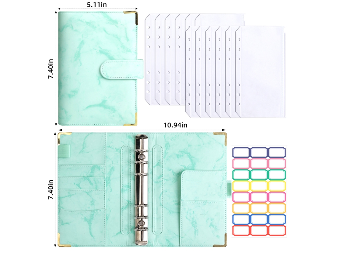 A6 Marble Pattern Pu Leather Ring Binder Budget Journal With Corner Protector Green, 12-zipper Bags, Large Label