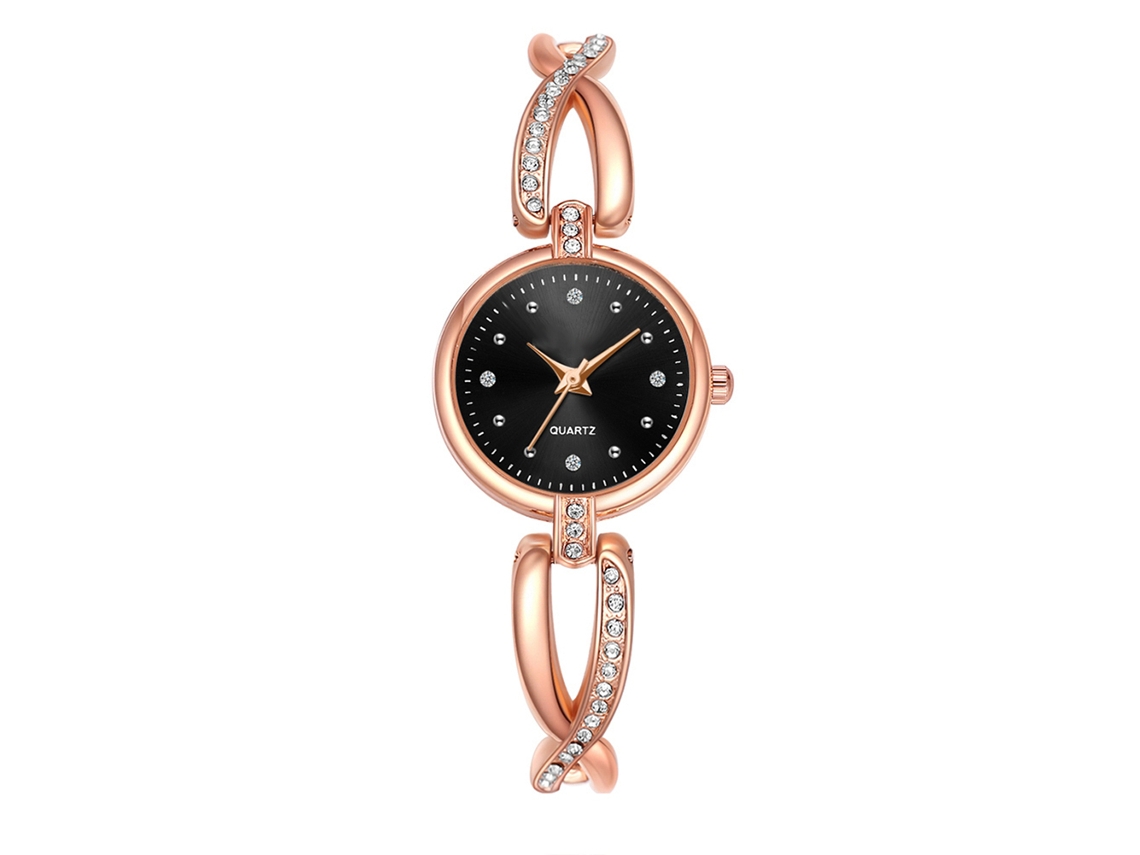 Relógio de Pulso Feminino de Quartzo com Pulseira de Liga Strass Rose Gold+black