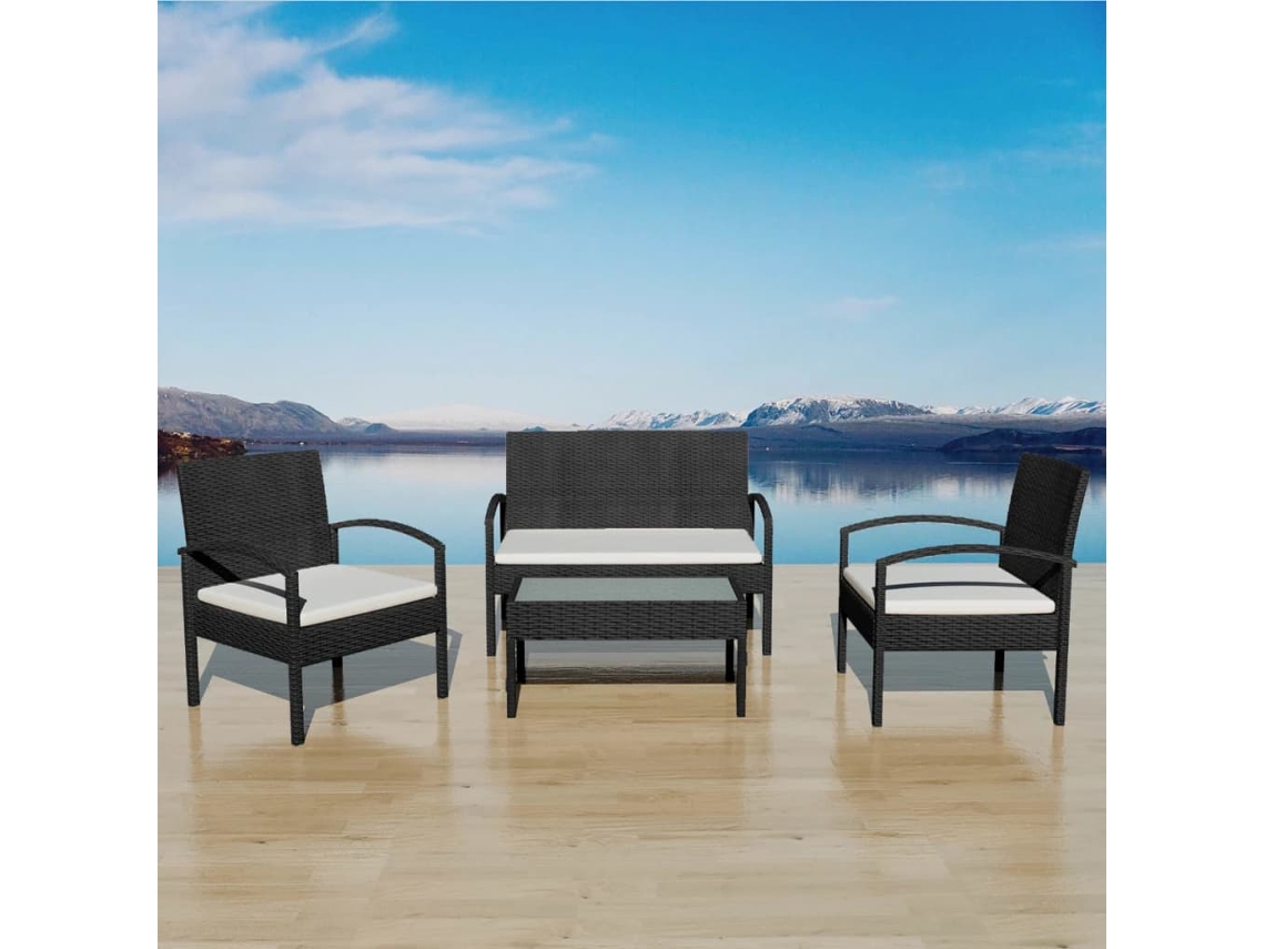 Vidaxl 4 Pcs Conjunto Lounge de Jardim C/ Almofadões Vime Pe Preto