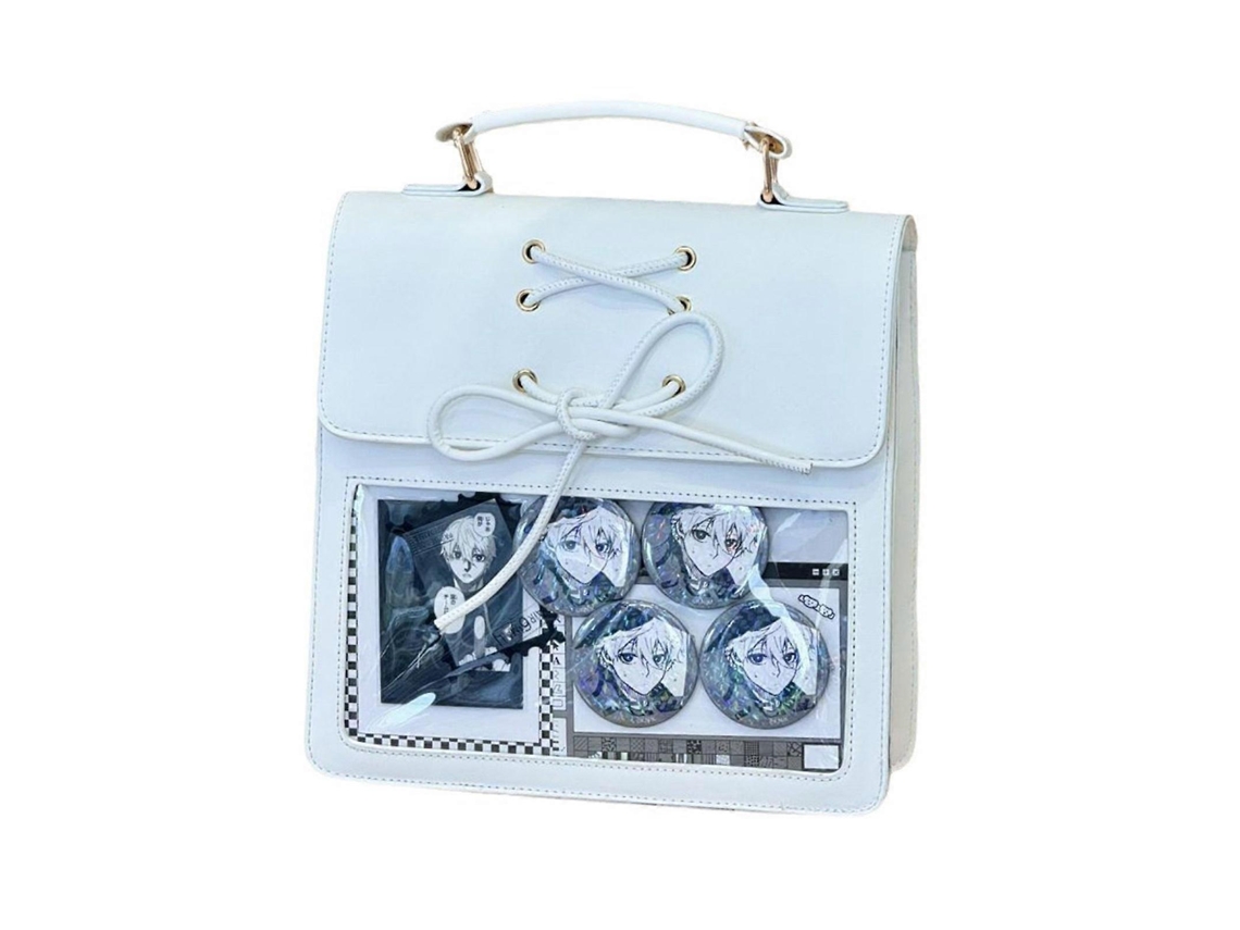 Mochila Feminina Colegial Com Laço, Estilo Itabag Japonês, Com Bolso Transparente E Visor Para Alfinetes, Em Couro Pu, Transversal, Branca.
