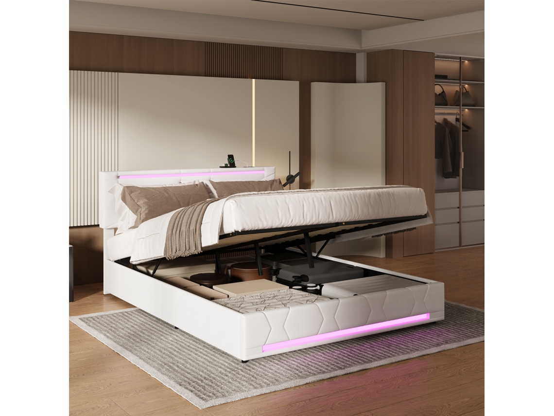 Cama Hidráulica 140×190 Cm Na Cor Bege Tecido Linho, Iluminação Led Na Cabeceira E Peseira, Entrada Usb, Cama Box Grande Ideal Para Quarto