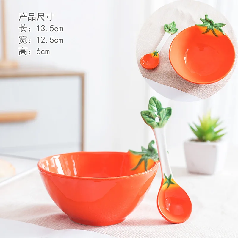 Tigela de Arroz Criativa em Formato de Tomate com Colher Tigela de Cerâmica para Uso Doméstico MDUG