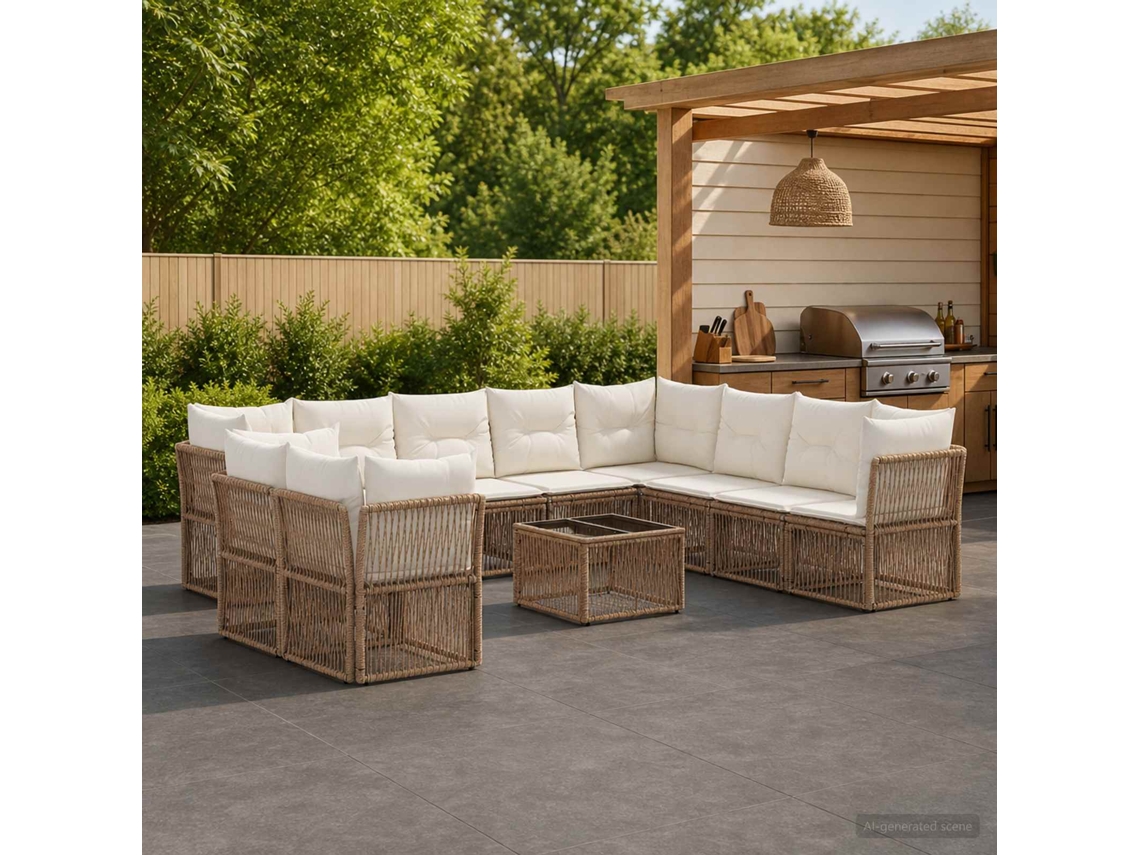 Vidaxl Conjunto De Sofá De Jardim 11 Pcs Bege Vime Pe