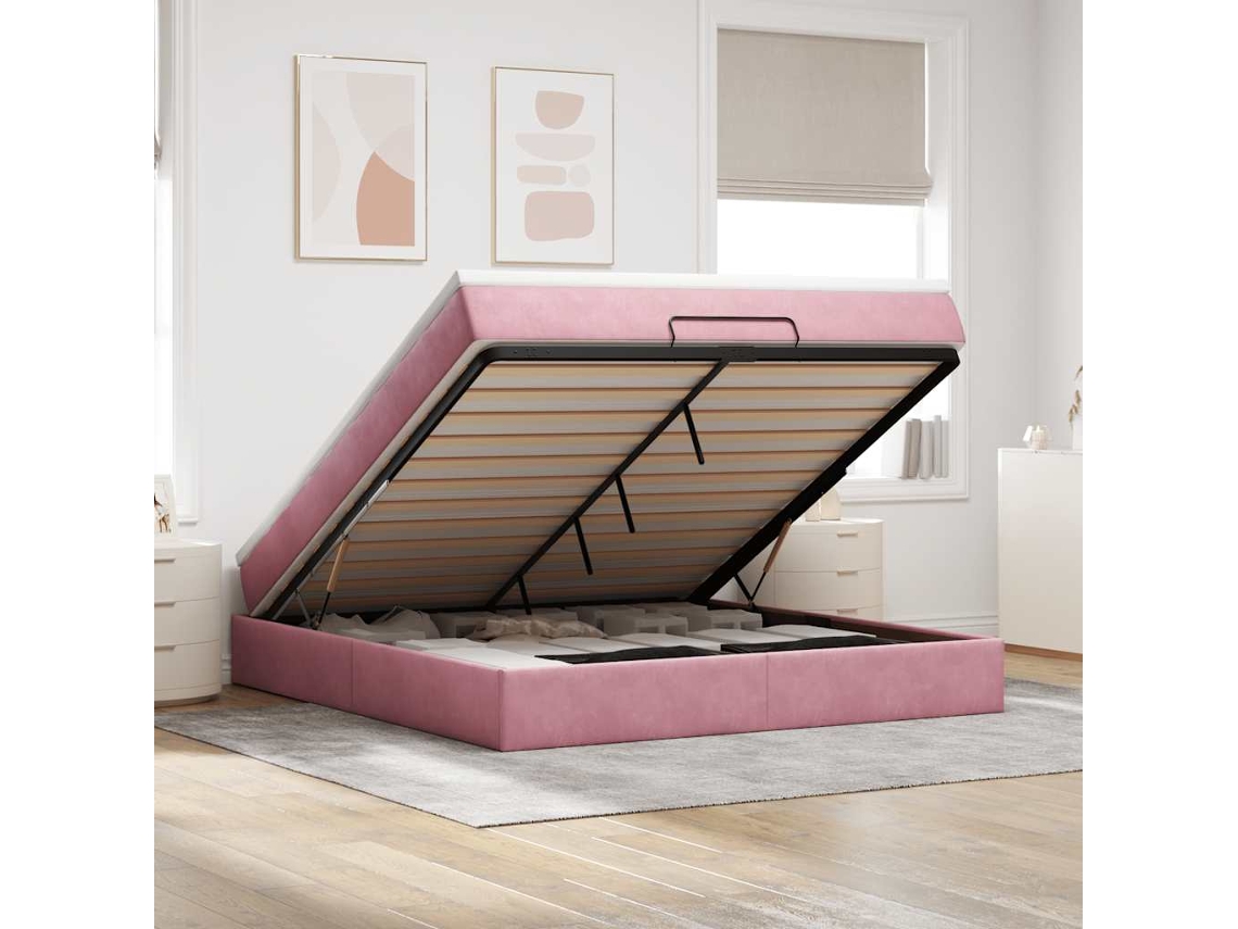 Estrutura De Cama Otomana Com Colchão 160x200 Cm Veludo Rosa