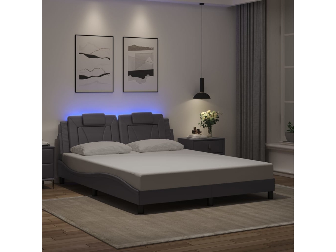 Estrutura De Cama C/ Luzes Led 160x200cm Couro Artificial Cinza