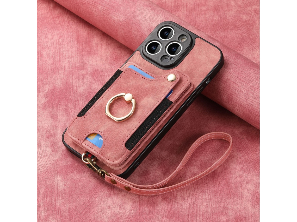 Adequado Para Capa De Couro Para Celular Iphone, Escova Antifurto Rfid, Fivela De Anel, Cordão, Suporte Para Cartão Multifuncional, Rosa Com Cordão D