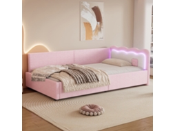 Sofá Cama Rosa 90x200 Cm Led Estrado Ripas Tecido Macio Colchão Não Incluído