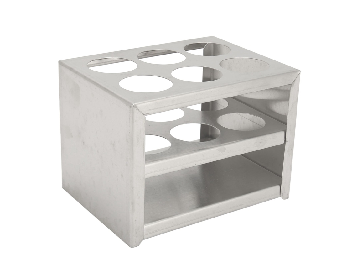 Suporte para copos em aço inoxidável com 6 furos de 30 mm e 3 níveis para tubos de centrífuga, para uso em laboratório ou escola.