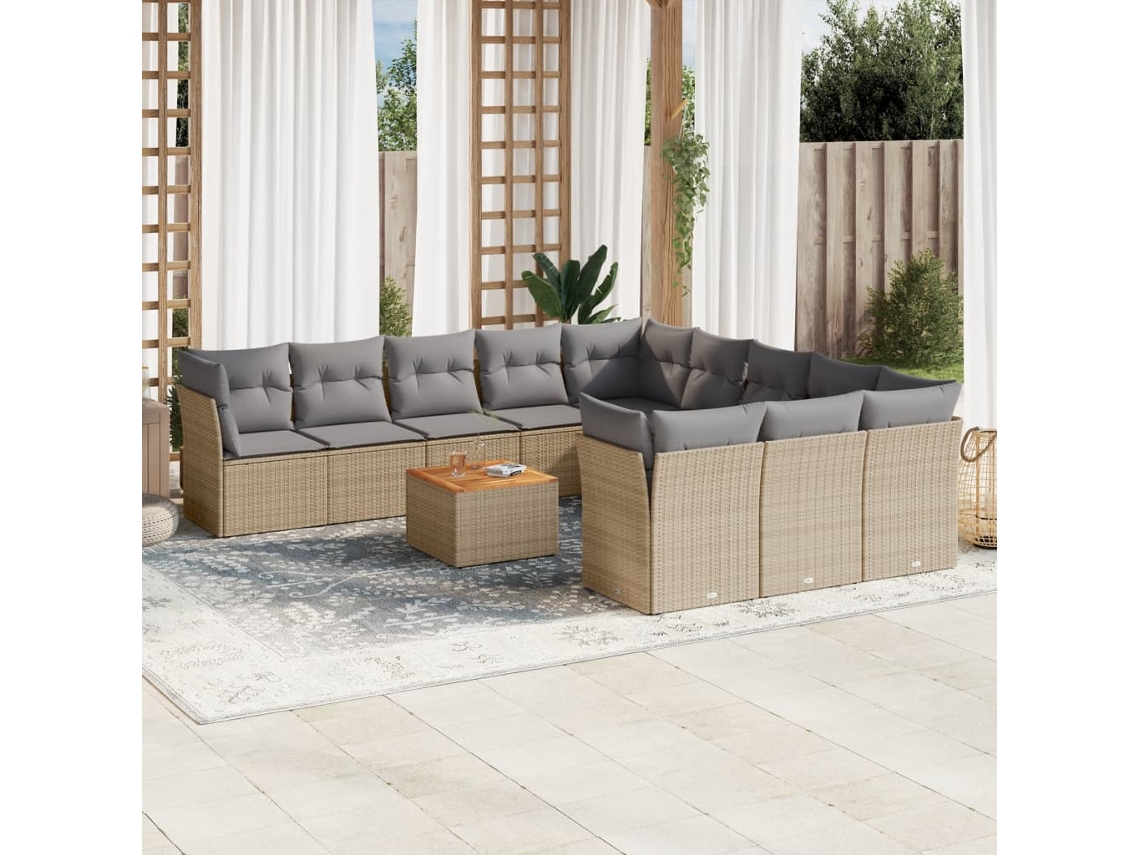 Vidaxl 12 Pcs Conj. Sofás Jardim C/ Almofadões Vime Pe Bege Misturado