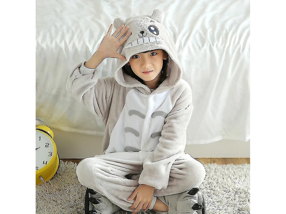 Pijama de inverno infantil 2026 com macacão de flanela com capuz, estampa do Totoro, manga comprida e tecido macio.