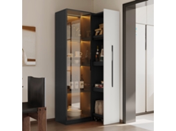 Vitrine multifuncional de 160 cm, com estrutura em alumínio, vidro temperado e iluminação LED. Possui 1 porta e 1 gaveta.