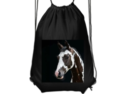 Mochila de Ginástica Infantil- Confortável e Prática, Preta, com Elegante Estampa de Cavalo Manchas Pretas e Brancas Sobre Fundo Escuro BRILVIBERA