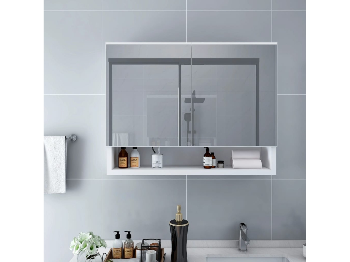 Vidaxl Armário Espelhado Casa De Banho Com Led 80x15x60 Cm Mdf Branco
