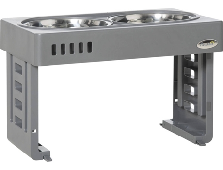 PawHut Comedouro Elevado para Cães com 2 Tigelas Desmontáveis de 1200ml e Altura Ajustável de 3 Níveis Comedouro para Animais de Estimação com Tigelas de Aço Inoxidável 44x27,7x28cm Cinza   Aosom Portugal