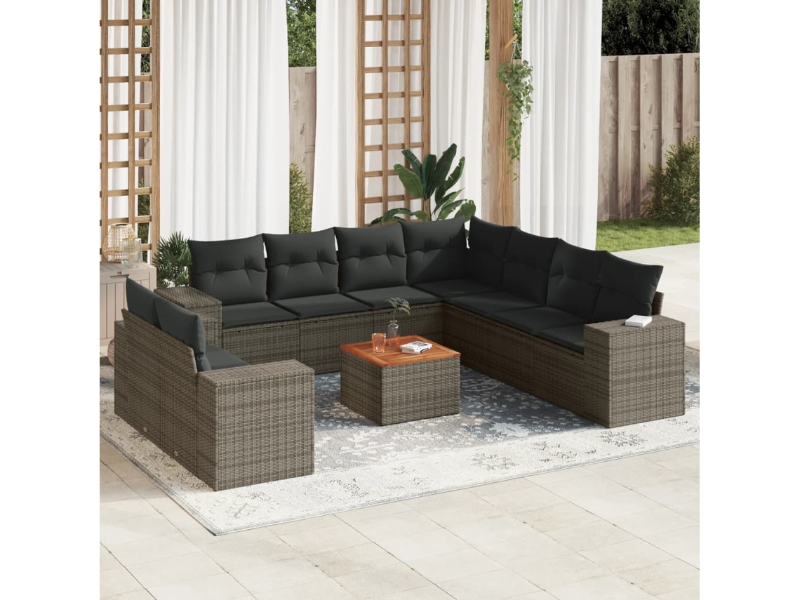 Vidaxl 10 Pcs Conjunto Sofás De Jardim C/ Almofadões Vime Pe Cinzento