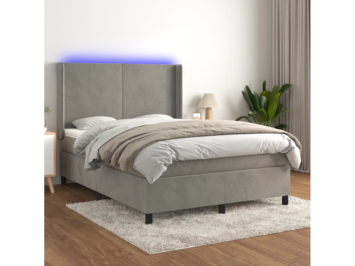 Vidaxl Cama Box Spring C/ Colchão/led 140x200 Cm Veludo Cinzento-claro