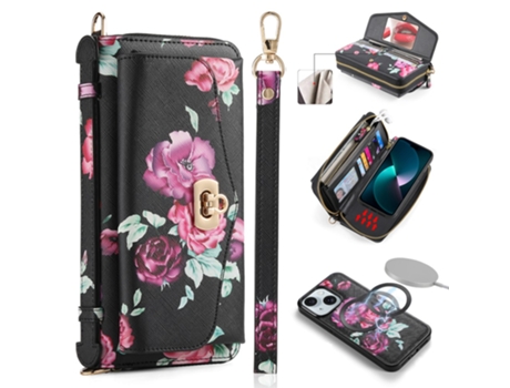 Capa Padrão Floral Removível Bloqueio Para Iphone 15 Pola Pele Sintética Multicor