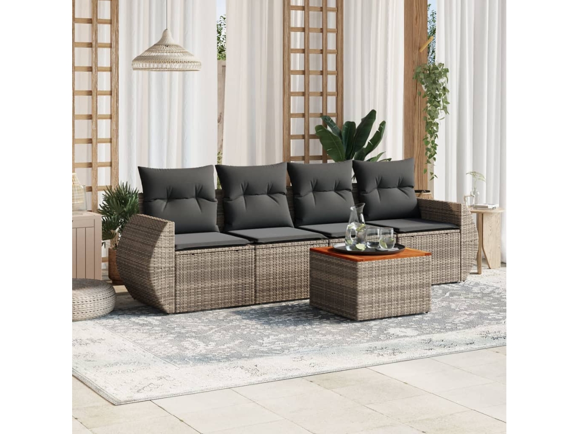 Vidaxl 5 Pcs Conjunto Sofás De Jardim C/ Almofadões Vime Pe Cinzento