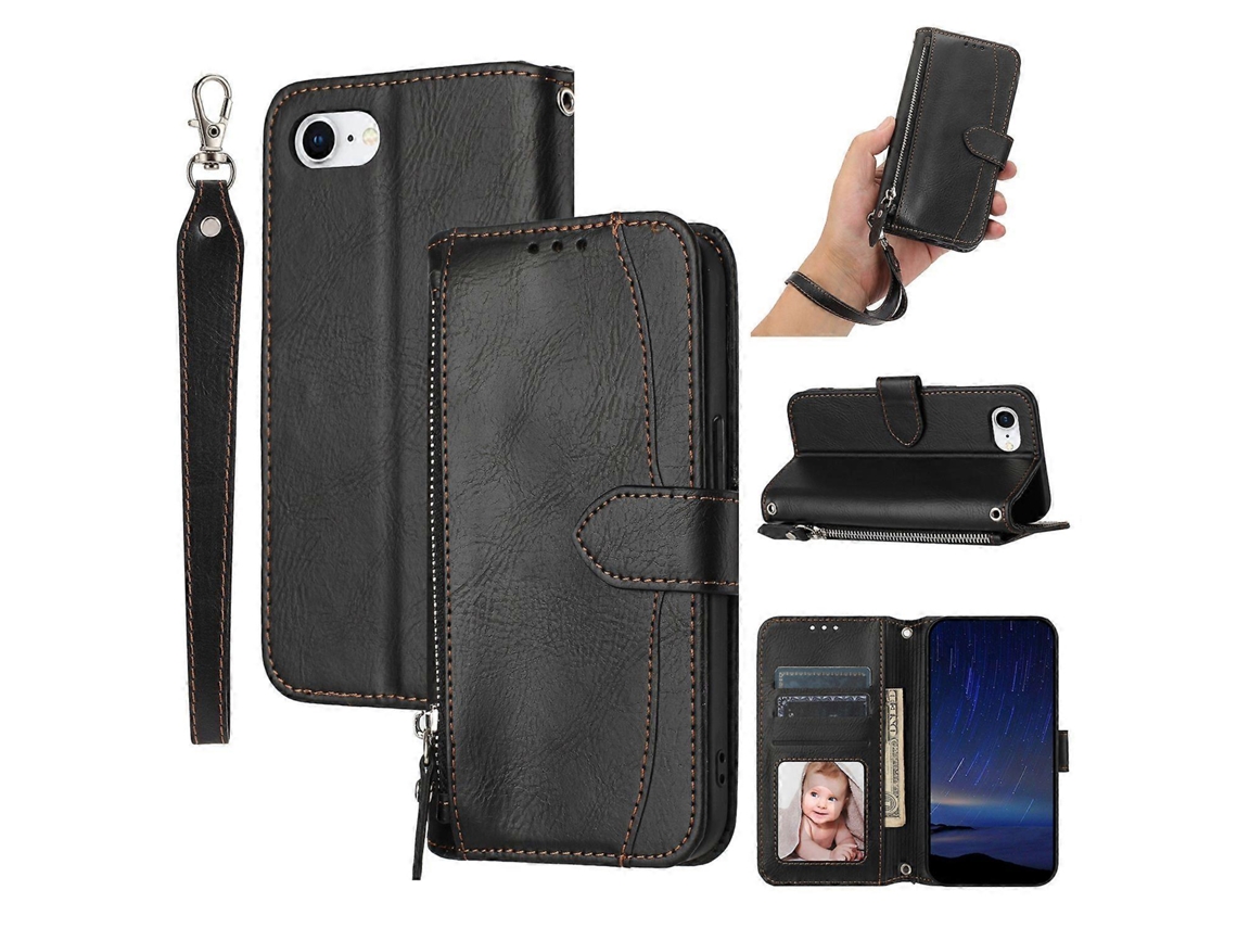 Capa De Couro Com Bolso E Zíper Para Iphone 16e E Alça Transversal - Preta