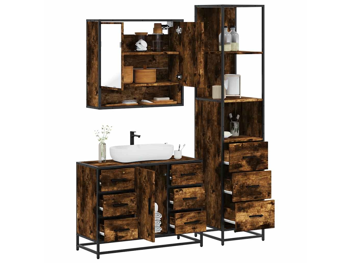 Vidaxl 3 Pcs Conjunto De Móveis Wc Madeira Processada Carvalho Fumado