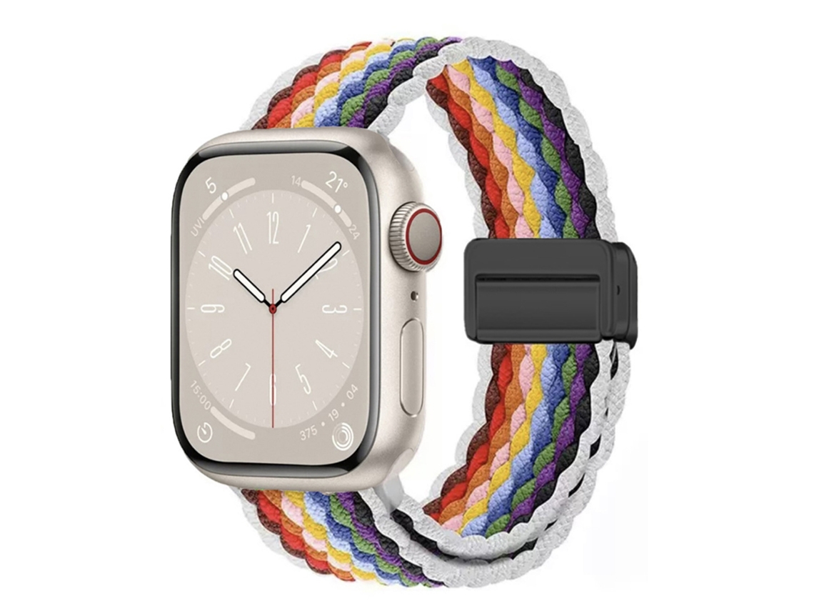 Pulseira magnética de nylon para Apple Watch S10, borda arco-íris branca, 38 40 41 42 mm, elástica