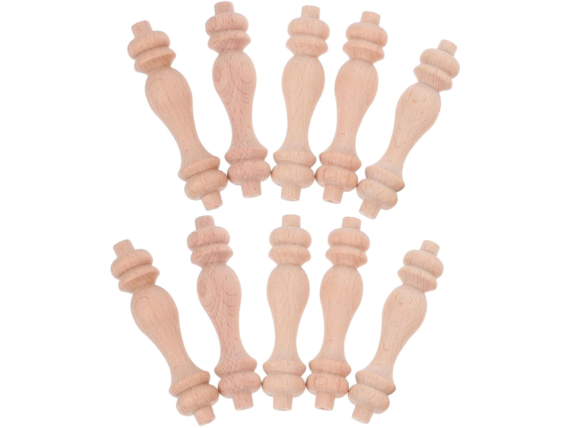 Conjunto De 10 Balaústres De Madeira Com Elegantes Cabeças Esculpidas, Estilo Coluna Romana