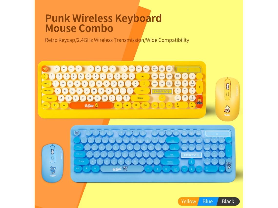 K68 2.4ghz Combo De Teclado E Mouse Sem Fio Conjunto De Teclas Redondas Bonitas E Ergonomicas Punk Amarelo