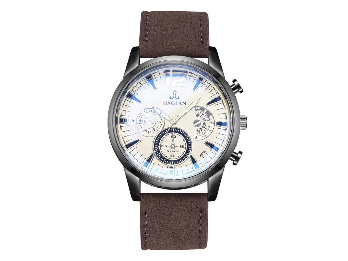 Relógio masculino de quartzo com pulseira de couro PU e mostrador marrom moderno com três mostradores.