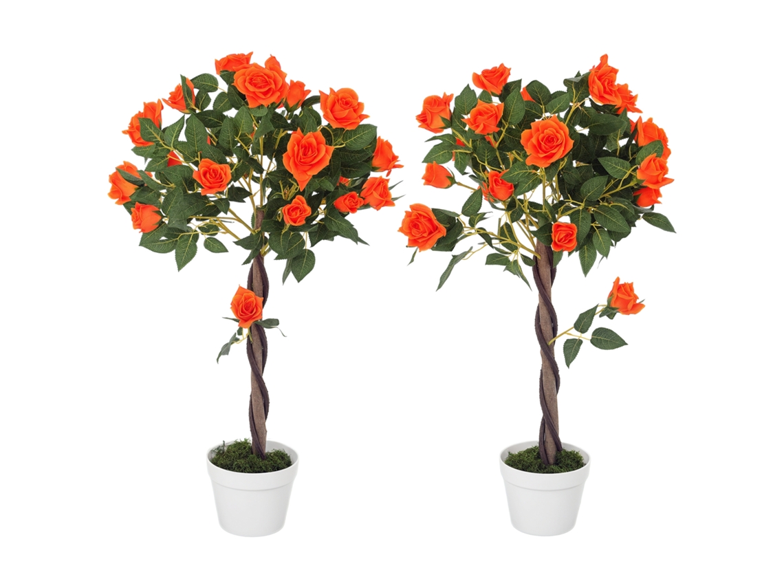 Roseira Falsa com 21 Flores e Vaso Preenchido com Cimento e Musgo. Ø18x90 Cm. Laranja Ge