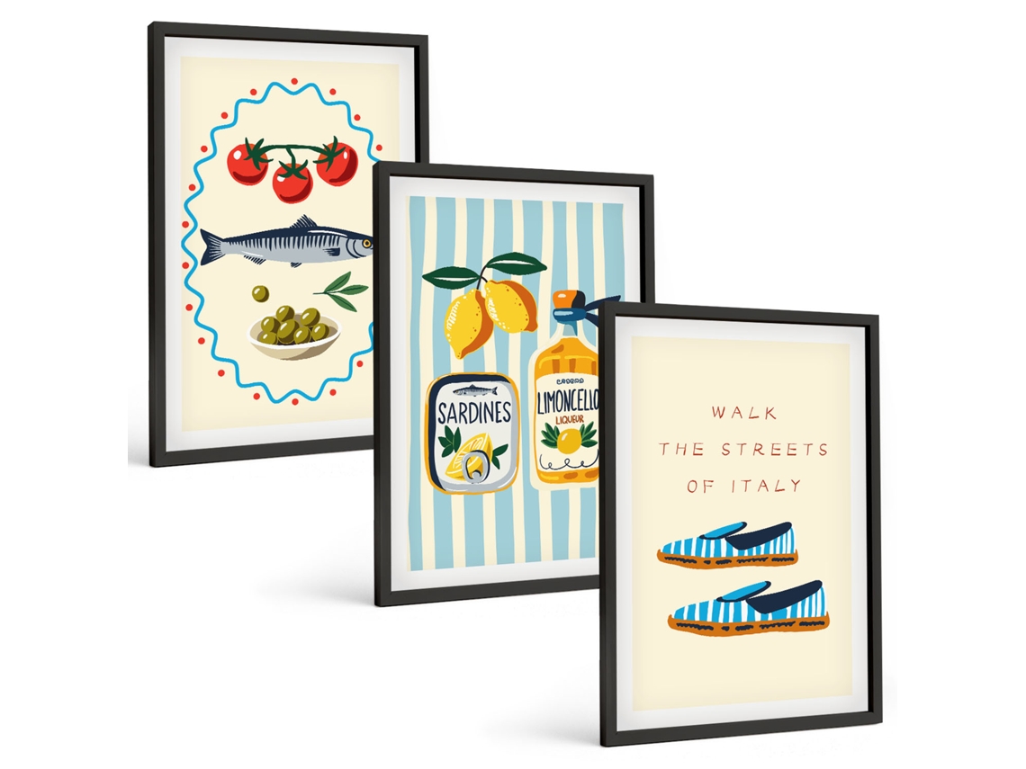 Pinturas Murais Modernas Imagens De Estilo De Vida Com Sabores Italianos Moldura Preta Quadros Para O Escritório Espelharte (3 Piezas De 40x60 Cm)